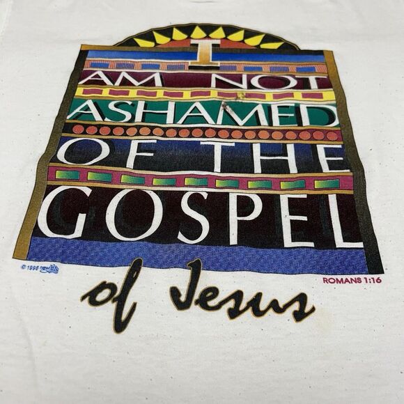Vintage Jesus Shirt Mens Large Romans 1:16 White Thrashed Single Stitch - Picture 8 of 10